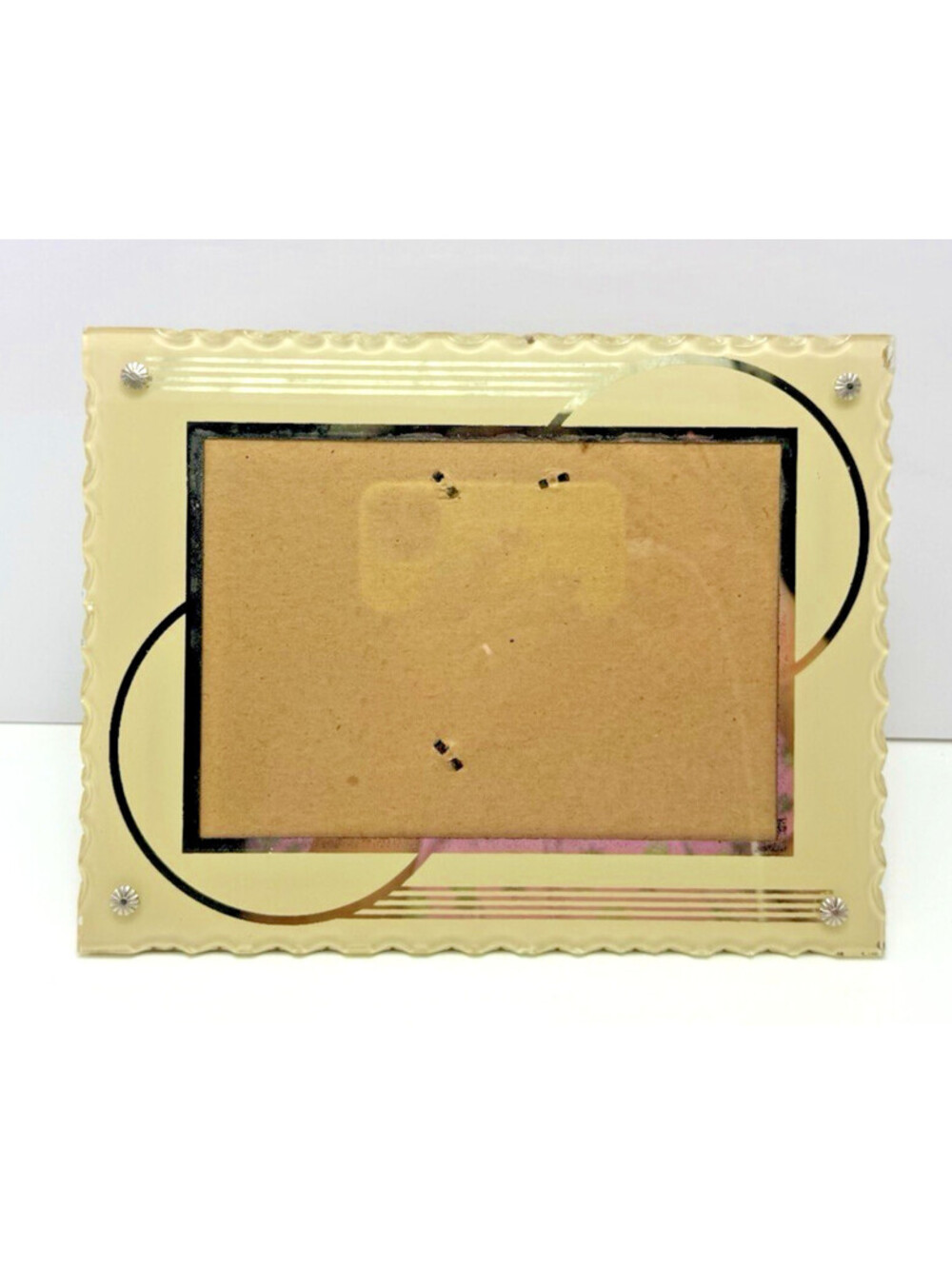Vtg 1940's Art Deco Glass Photo Picture Frame Scalloped Edge Reverse Painted